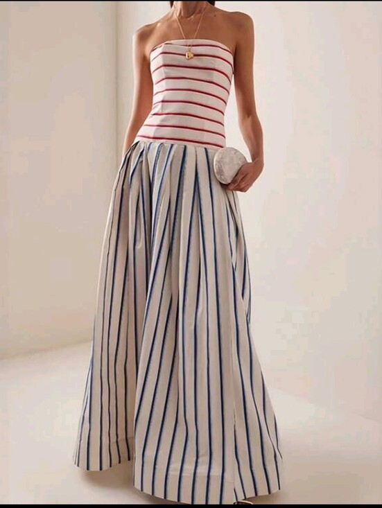 Dresses & Skirts - Women Summer Striped Bandeau Contrast Color Maxi Dress, Waist Slimming Backless